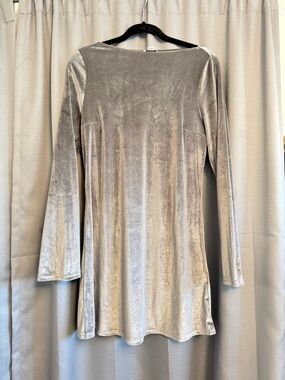 Silver Velvet Long-Sleeve Mini Dress